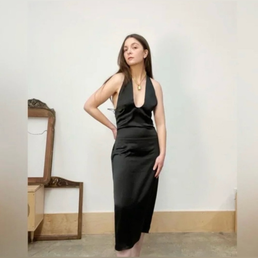Jason Wu black satin low v plunging neckline halter backless midi dress sz L